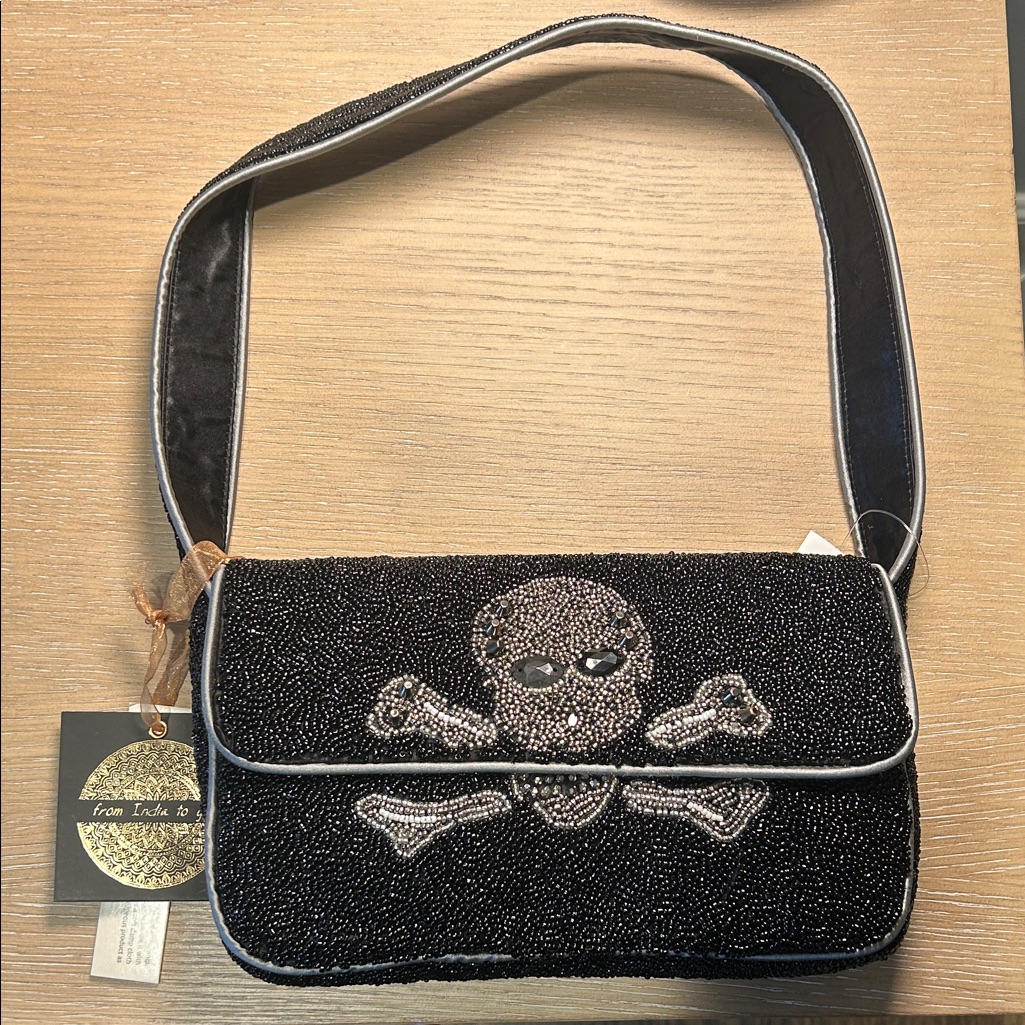 Black Beaded Skull Crossbody Bag